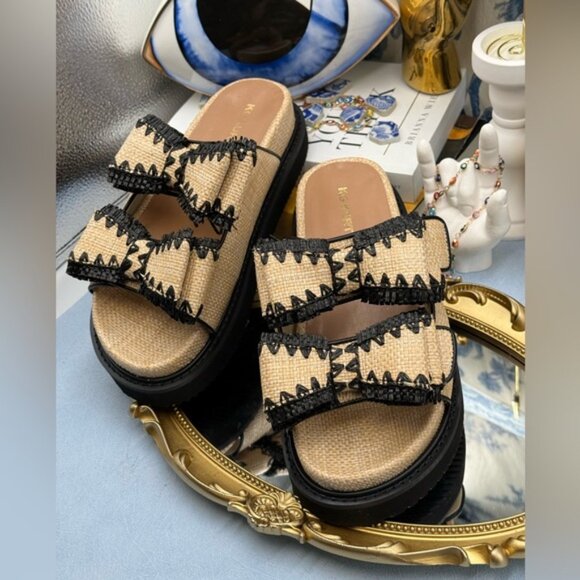 🆕 KG KURT GEIGER 🧿 NWOB Robbie Bow-Embellished Raffia Sandals, Black - Sz US 7 - Picture 5 of 16